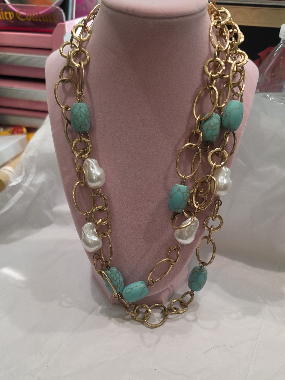 Gold Chain Necklace with Turquoise Beads and Pearl Accents